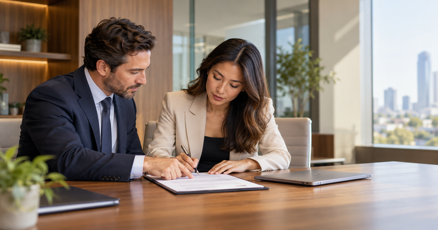 A lawyer and client reviewing and signing a business contract