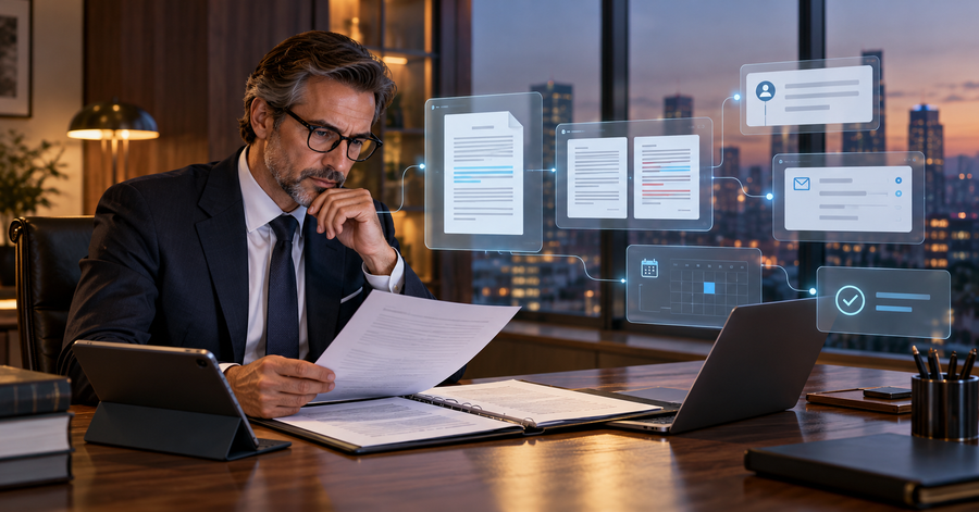 A lawyer working with an AI employee to review contracts and manage legal tasks