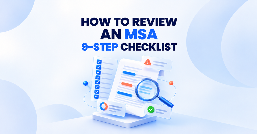 Illustration of an MSA review with a nine-step checklist, highlighted clauses, and risk alerts.
