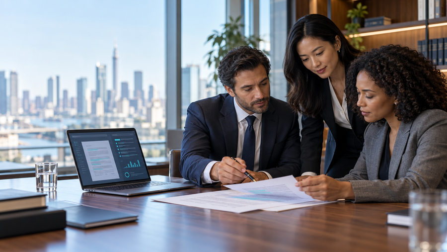 Lawyers using legal AI to review a contract in a law firm