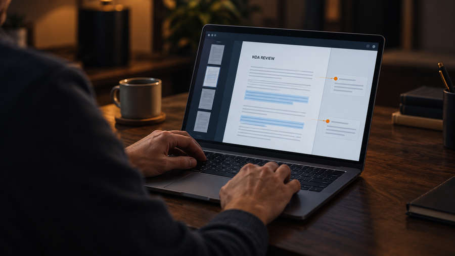 Professional reviewing an NDA on a laptop