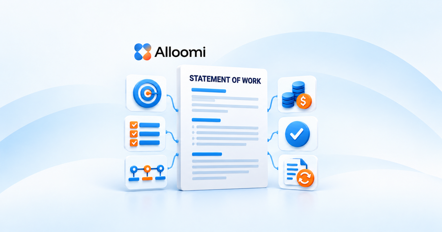 Statement of work with scope, timeline, pricing, approval, and change-control icons.